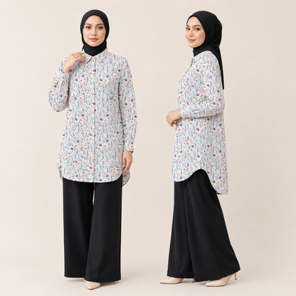 PREMIUM MODERN BATANICAL PRINTED COLLAR LONG BLOUSE