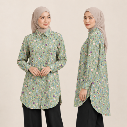 PREMIUM MODERN BATANICAL PRINTED COLLAR LONG BLOUSE