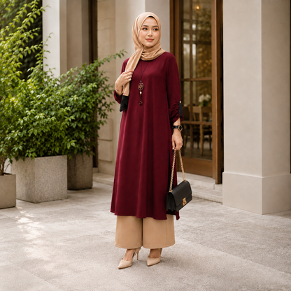 Tunic Women Long Shirt Blouse Round Neck Fashion Muslimah