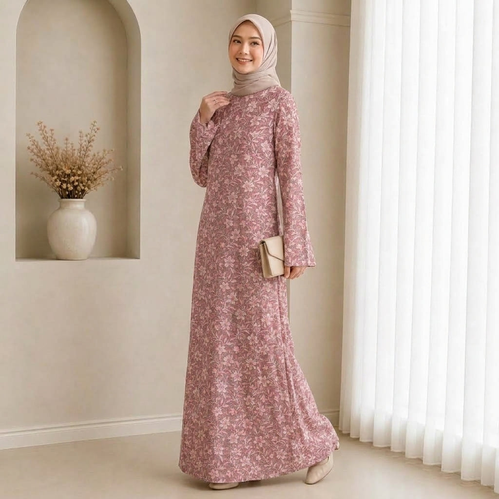 PREMIUM FLORAL PRINTED JUBAH MUSLIMAH (PINK)