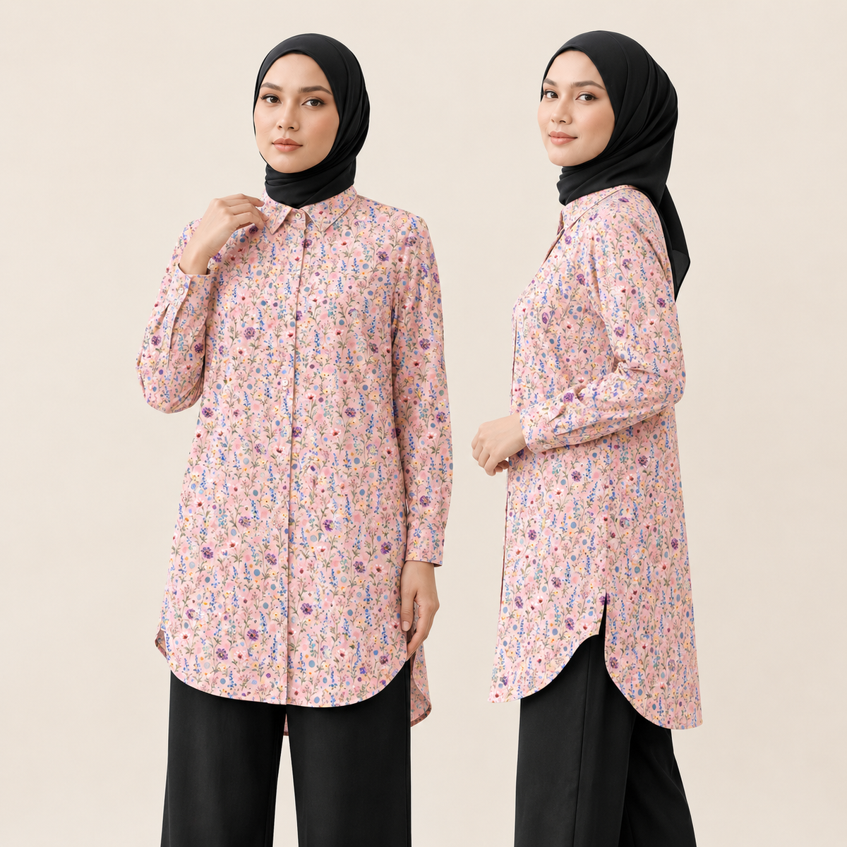 PREMIUM MODERN BATANICAL PRINTED COLLAR LONG BLOUSE