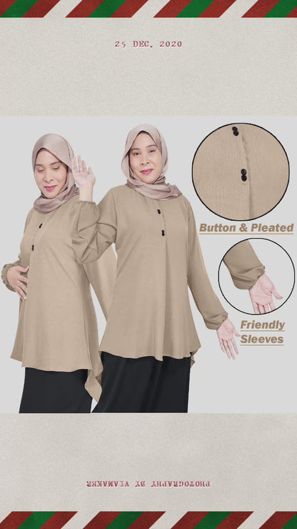 Blouse Button Pleated Tangan Panjang Wanita Muslim