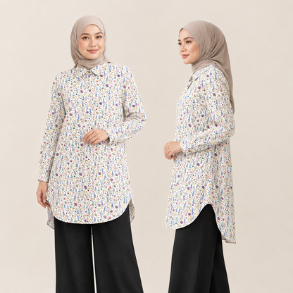 PREMIUM MODERN BATANICAL PRINTED COLLAR LONG BLOUSE