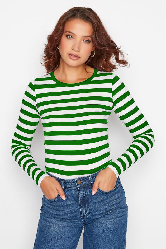 T-Shirt Wanita Tangan Panjang Body Fit Model Garis-Garis Cotton